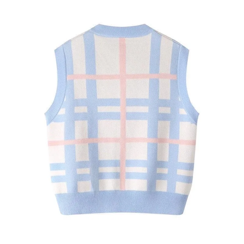 Kimotimo Kawaii вязаный жилет женский с v-образным вырезом вышивка цветок клетчатый