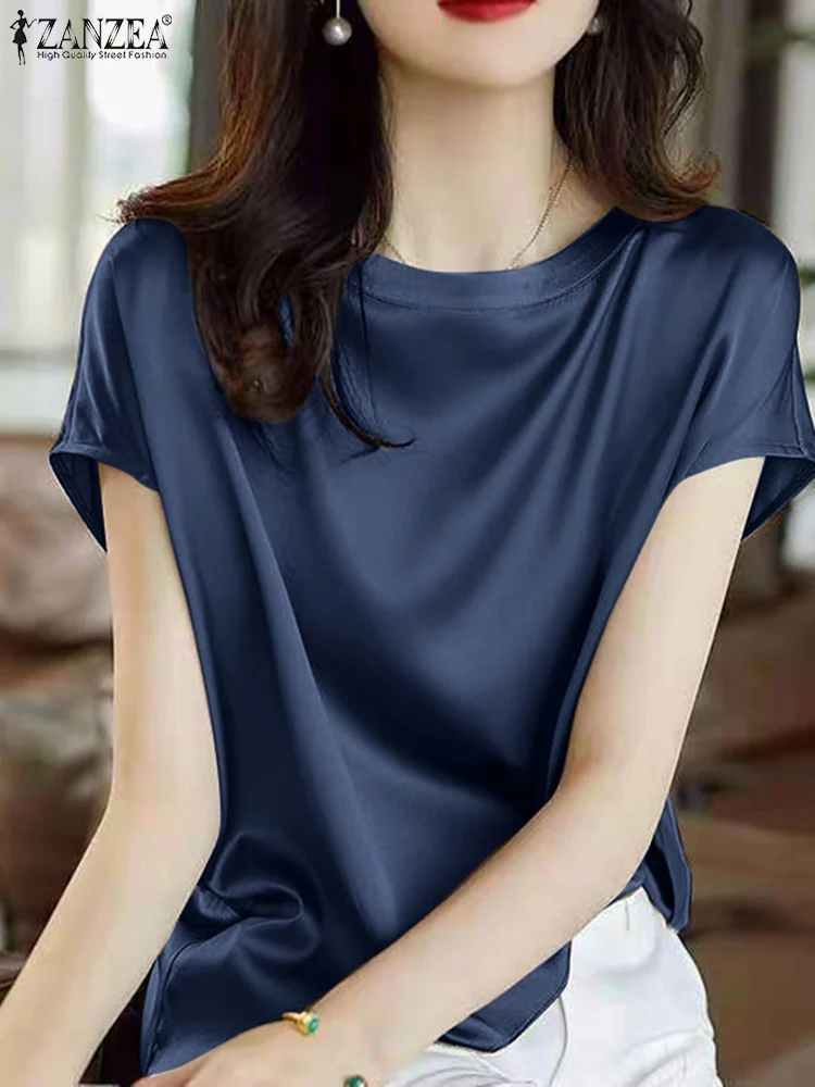 

2022 ZANZEA Summer Women Solid Color Blouse Short Sleeve O-Neck Silk Satin Thin Shirt Femme Fashion Loose Casual Holiday Blusas