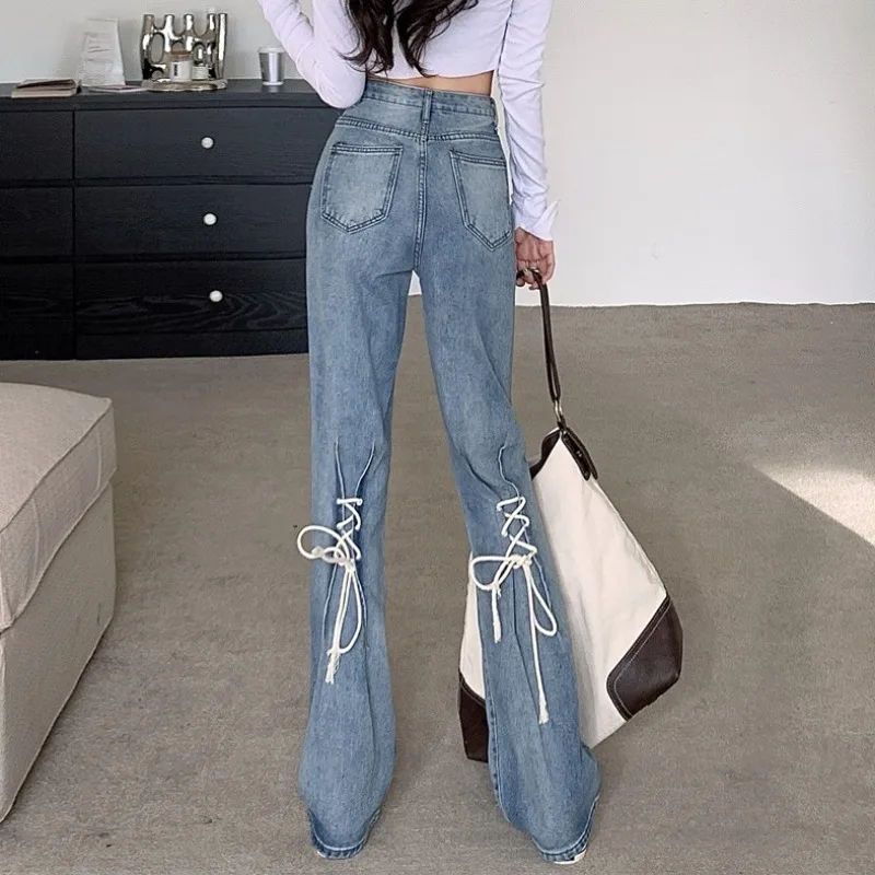 Vintage Y2K New Jeans Straight Leg Trousers Jeans for Women Spring Loose Skinny Strapping Wide Leg Trousers