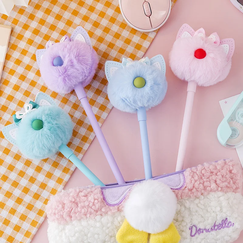

1pc Creative Black Gel Pen Cute 0.5mm Plush Gel Pen Plush Cat Ear Bows Gel Pen for Kawaii Student Scrapbook Stationary Supplies