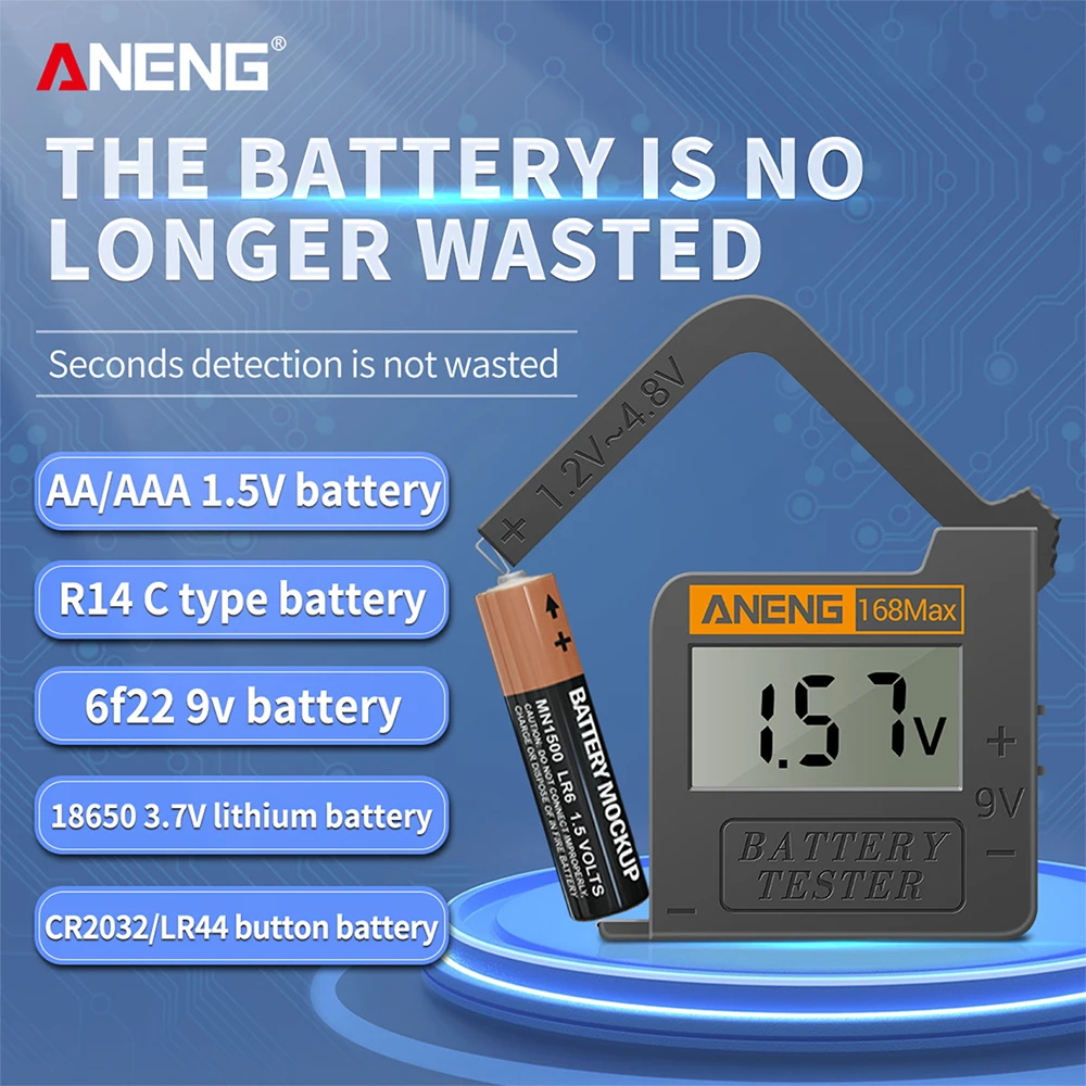 

ANENG 168Max Digital Lithium Battery Capacity Tester Universal Test Checker Load Analyzer Display Check AAA AA 6F22 Button Cell