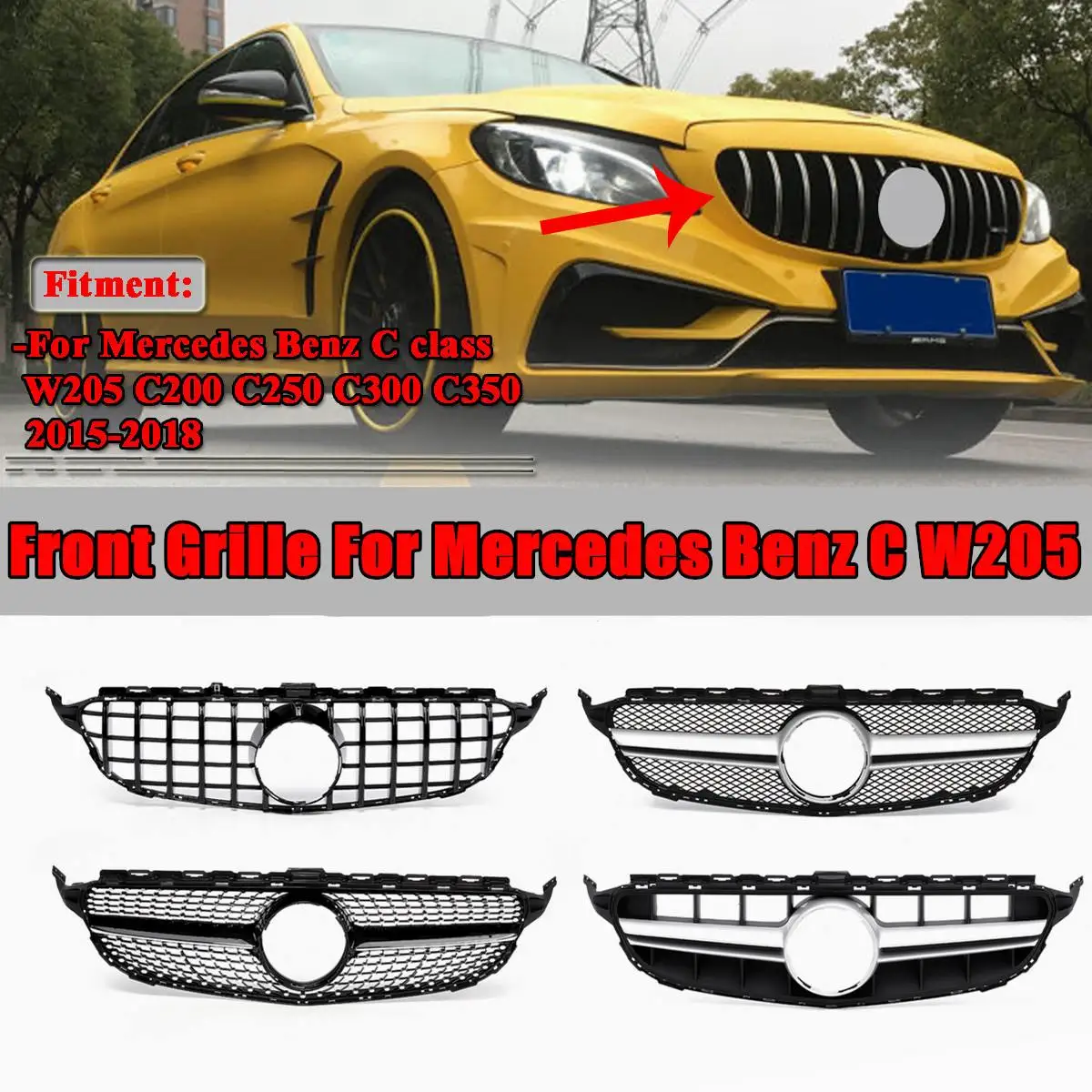 

Diamond/GTR/AMG/C63S Style Front Bumper Radiator Grille Grill For Mercedes For Benz C Class W205 C200 C250 C300 C350 2015-2018