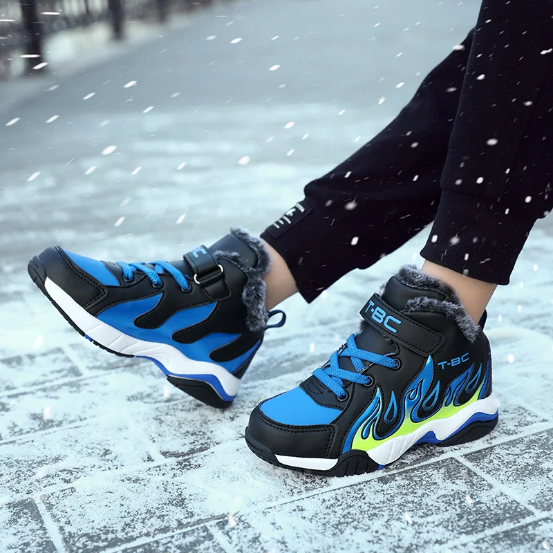 Children Warm Sport Shoes Boys Sneakers Winter Fashion Pu Leather Waterproof Boots Anti-Slippery Comfortable Footwear Big Kids