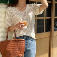 spring summer 2022 vintage fashion hollow out loose pullovers top korean beige v neck knit tshirt for women short sleeve new