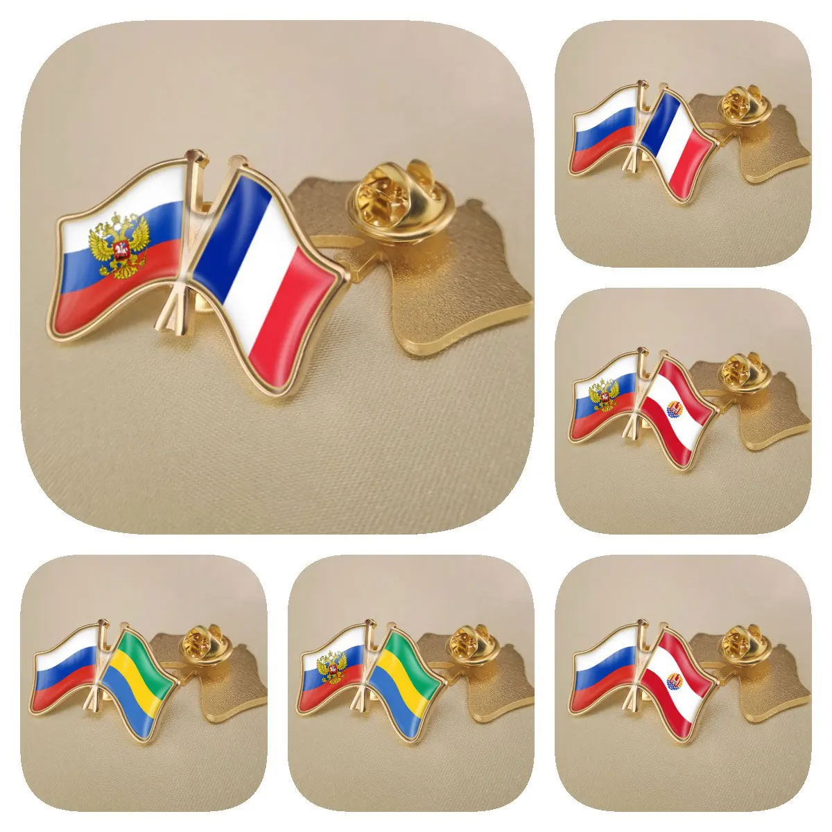 

Значки для Российской Федерации и Франции, французской полинезией, Габон, двойные перекрестные искусственные значки