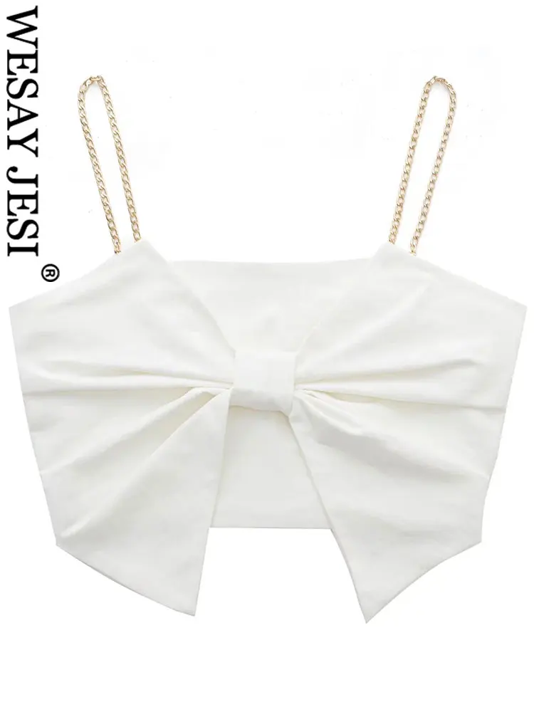 

WESAY JESI Sexy Chain Suspenders Vest Tube Top Wrap Chest Solid White Big Bow Open Back Short Top Elegant Sweet Summer Lady