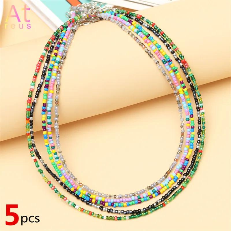 

5pcs/set Multicolor Crystal small Seed Beads Choker Necklace for Women Wholesale Glass Rice Beads Clavicle Necklace Bohemian
