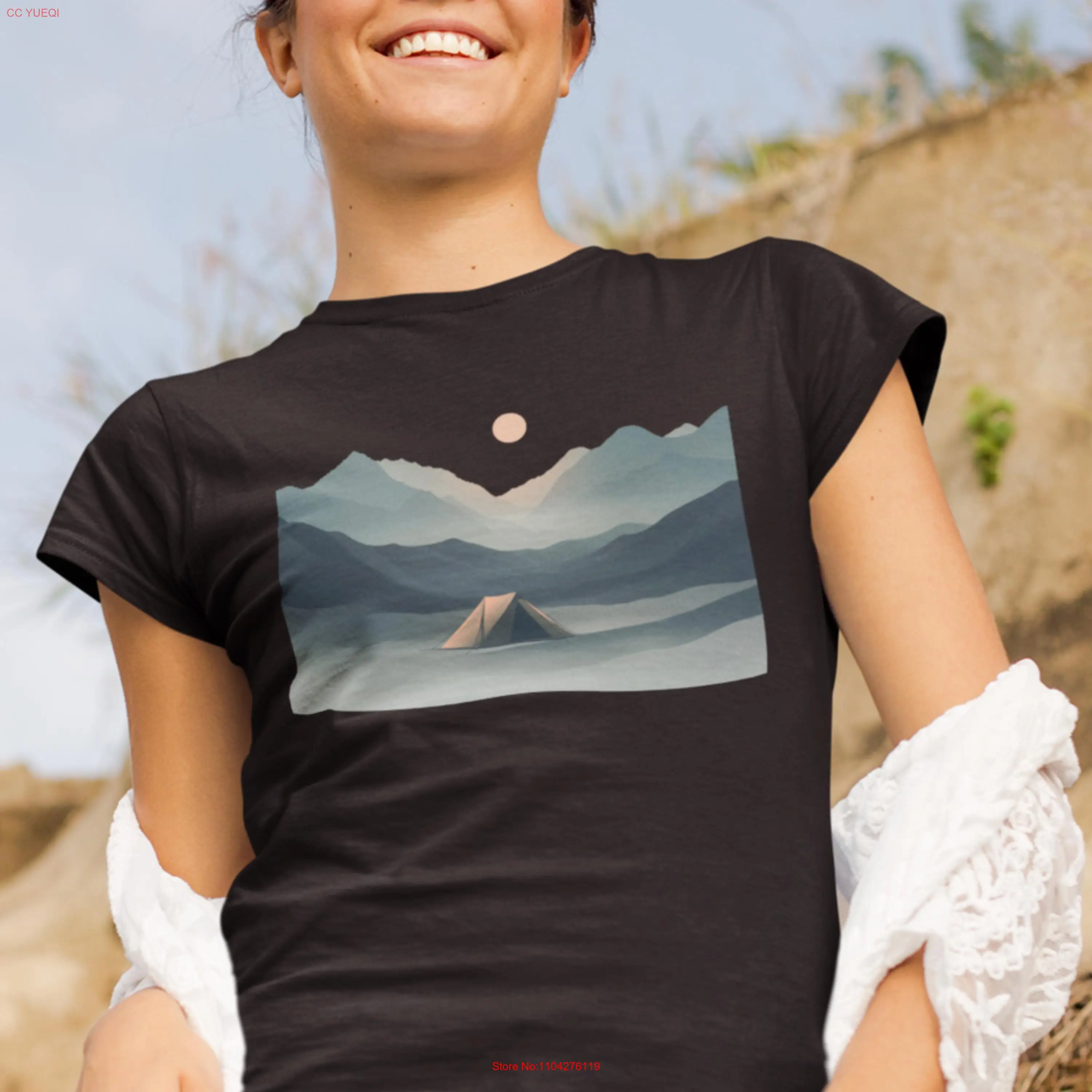 Camping Landscape at Sunrise T Shirt Outdoor Adventure Minimalist Art Casual Style Tent Outfit long or short sleeves