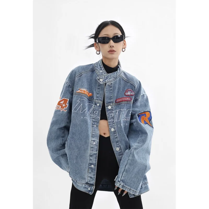 

Spring Light Blue Vintage High Street Mujer Chaqueta 2023 Loose Long Sleeve Letter Embroidery Stand Collar Denim Jacket Women