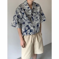 summer blue short sleeve shirts mens fashion printed casual shirts men korean style loose ice silk shirts mens hawaiian shirts