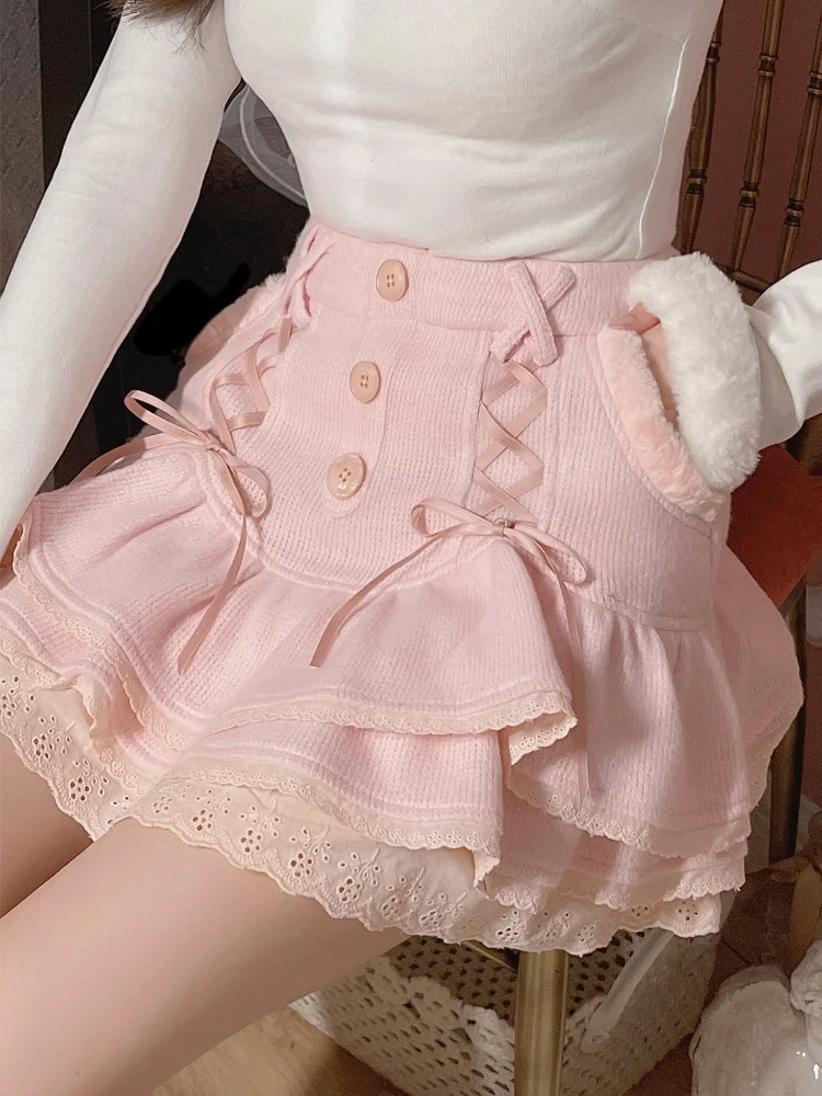 

Japanese Kawaii Mini Skirt Women Winter Lace Casual Elegant Sweet Female Skirt High Waist Bandage Korean
