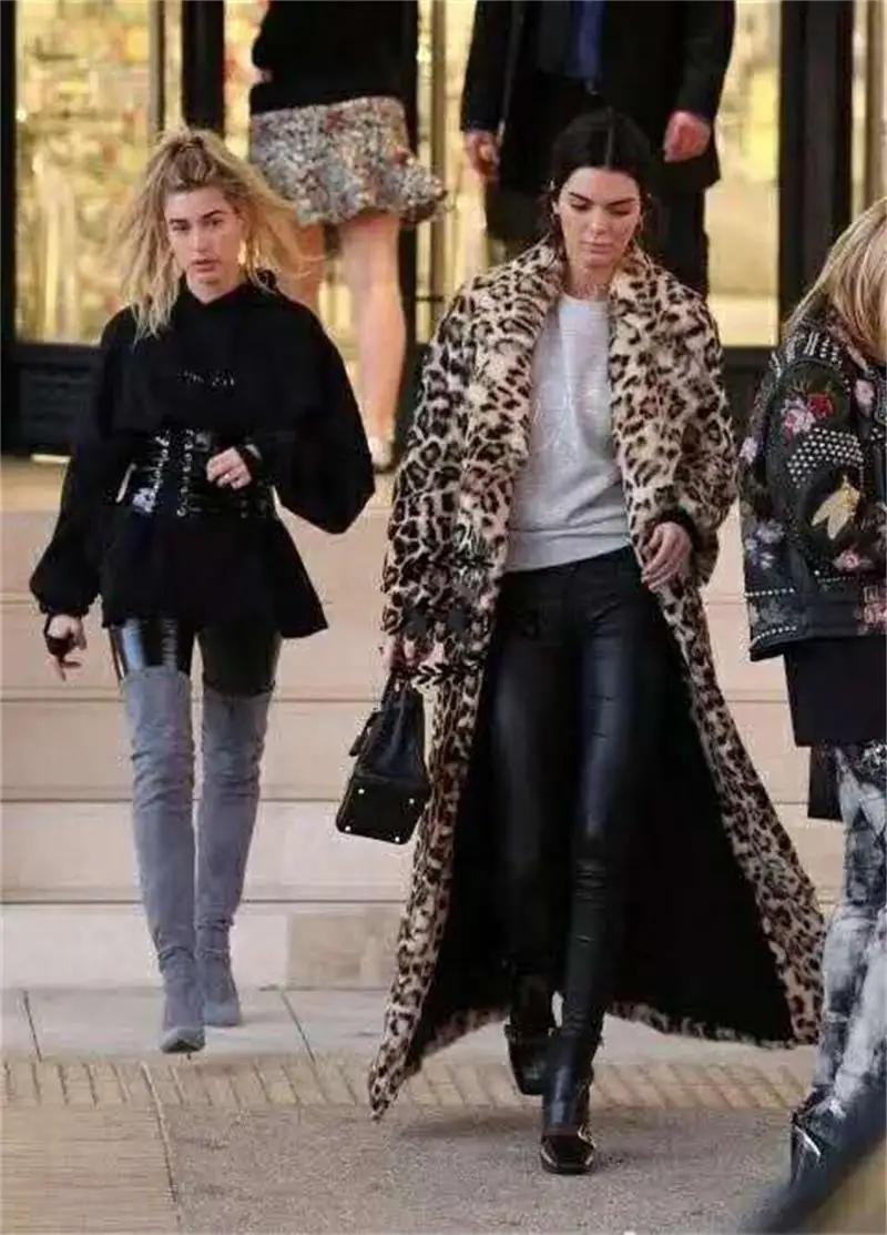Women's fall and winter hot American INS with the same street suit collar vintage leopard print anti fur long trench coat