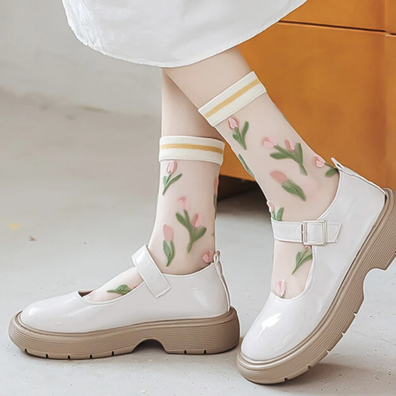 1pair Summer Ultrathin Flower Print Silk Socks for Women Girls Fashion Streetwear Transparent Crystal Elastic Middle Tube Socks