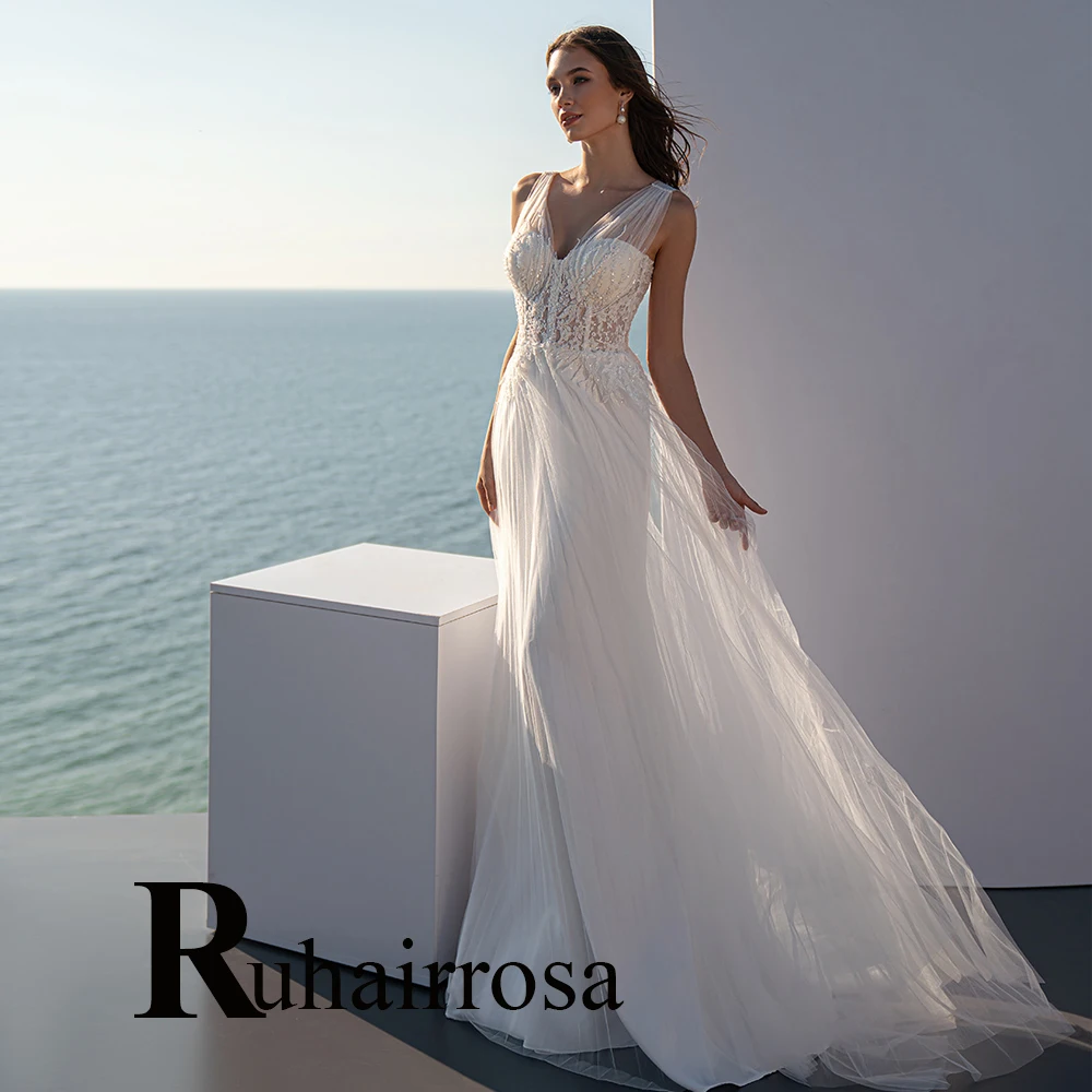 

Современные Блестящие Свадебные платья Ruhair А-силуэта без рукавов для женщин кружевное платье с аппликацией вечернее свадебное платье для н...