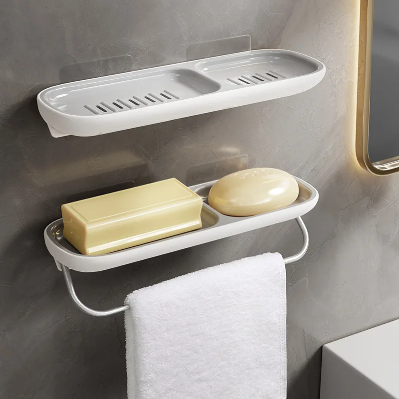 

Bathroom Rack Double-compartment Soap Box Punch-free Drain Soap Box Multifunctional Wall Hanging Rack Shower Shelf Accessories