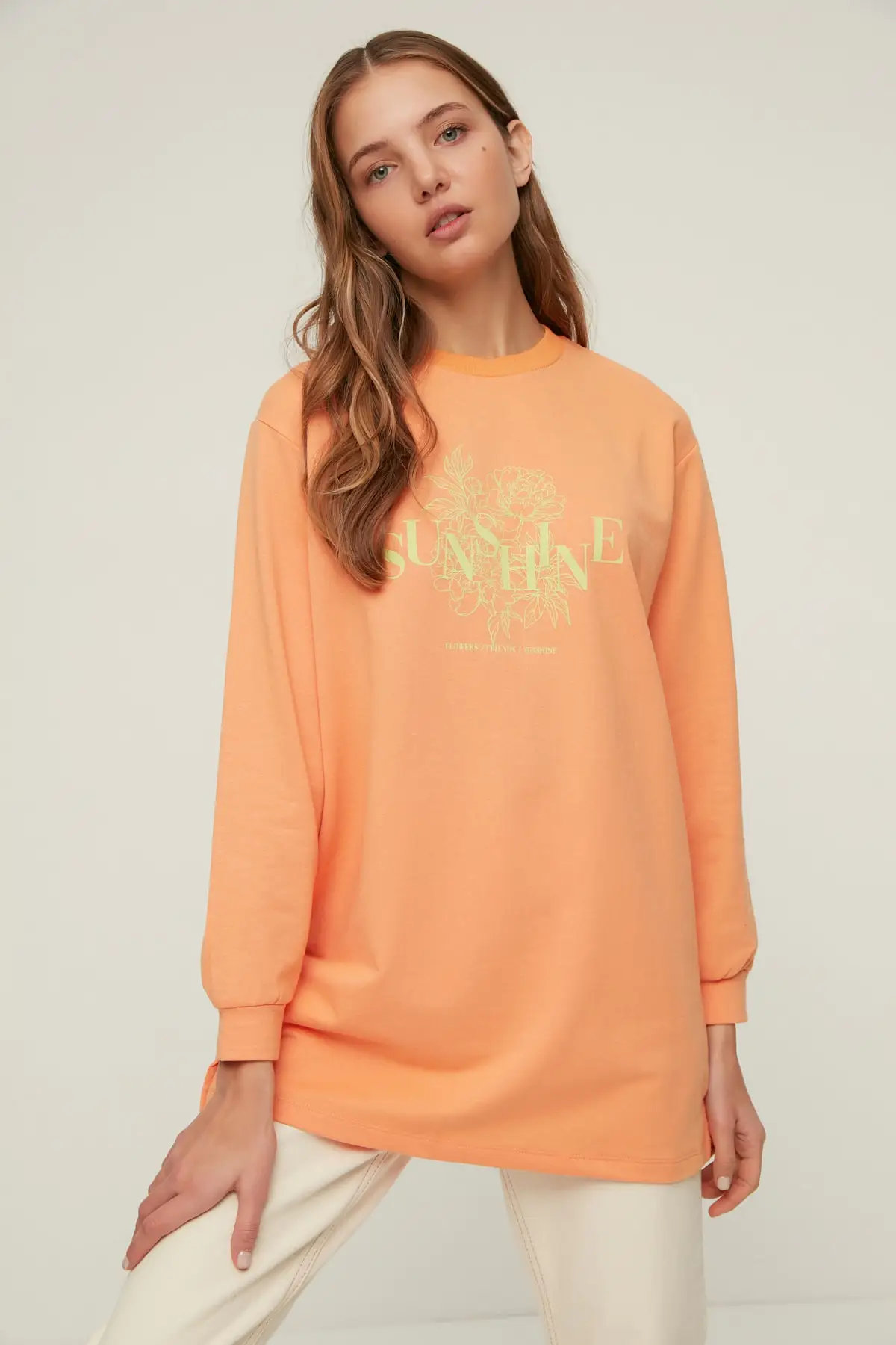 

Women's Sweatshirt Orange Crew Neck Print Detailed Knitted Hoodies Fashion All Season New Pullovers Fleece