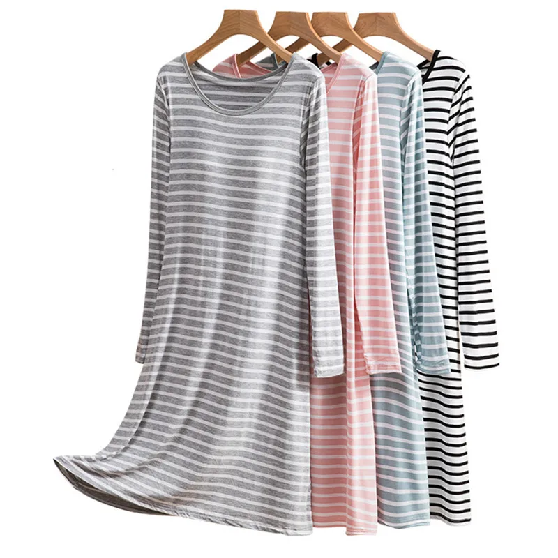 Long Sleeve Nightdress Women Spring Autumn Chest Pad Nightgowns Female Loose Striped Modal Night Shirt New Home Clothing