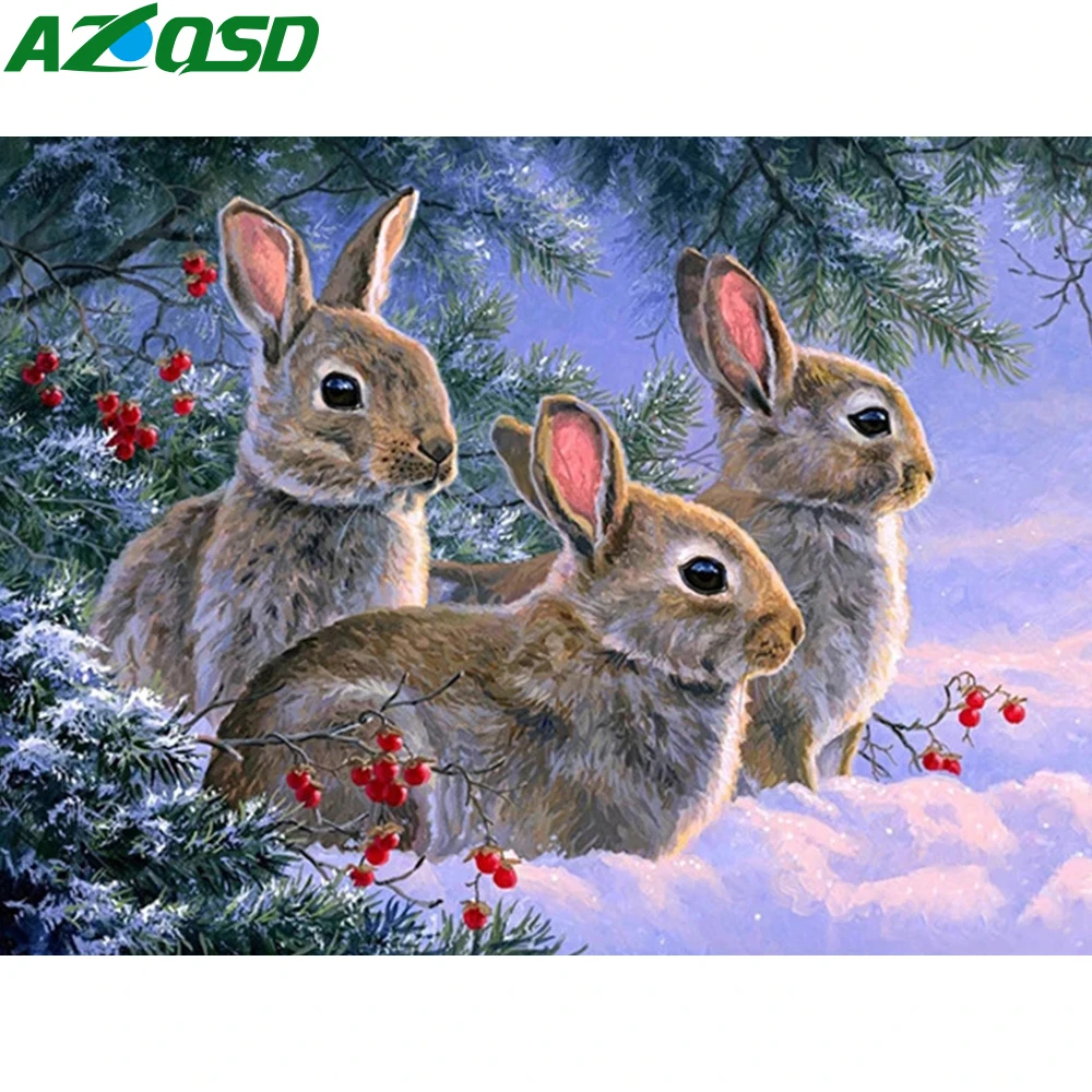

AZQSD Diamond Embroidery Rabbit Full Square Diamond Painting Animal Rhinestone Picture Mosaic Winter Tree Handicraft Hobby