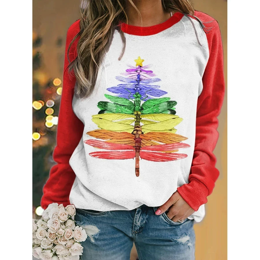 

Women's Christmas Tree Printed Long Sleeve T-Shirt Autumn Casual Sweatshirts Fashion O-Neck Pullover Woman Loose Sweatshirt