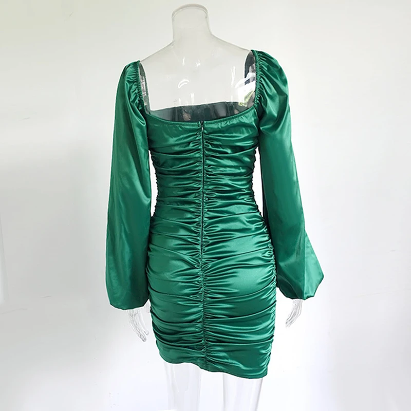 New Satin Puff-Sleeve Ruched Dress For Women Solid Square Collar Sexy Dresses Ladies Streetwear Backless Zip Vestidos Full Dress