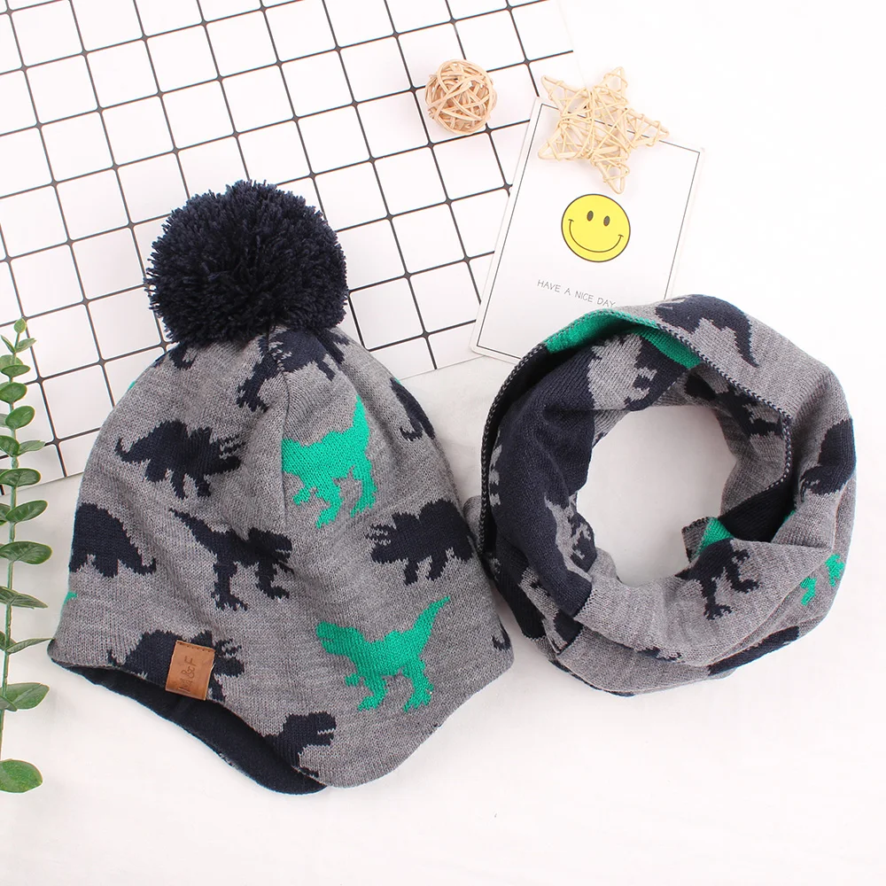 

2PCS Knitted Dinosaur Hat Scarf For Tolddler Boys Winter Suit Kids Girls Beanie Cap Autumn