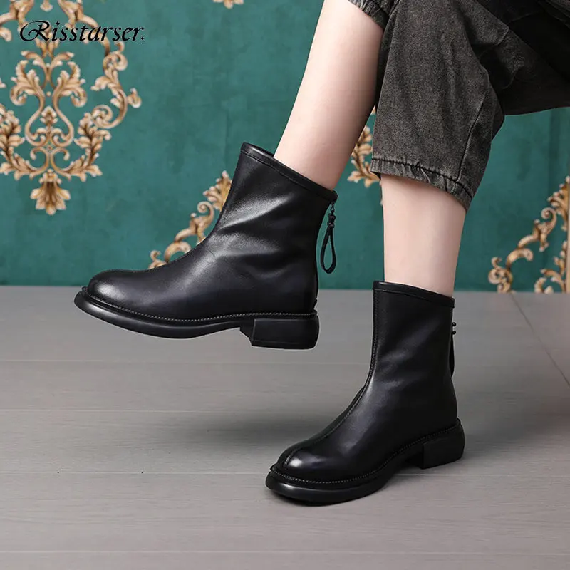 Risstarser Ankle Boots for Women Retro PU Leather Round Toe Zipper Women Short Boots Fashion Platform Shoes Autumn Winter 2022