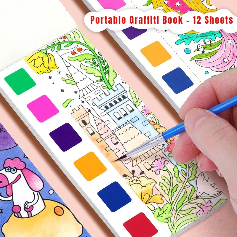 

Portable Watercolor Painting Book Paint With Water Brush Gouache Graffiti Picture Coloring Drawing Toys Kids Kindergarten Gift