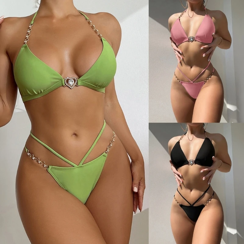 

Womens Two-piece Soft Bag High Cut Bikinis Set Sexy Lacing Bathing Suit Set Thong Beachwear Solid Color Strappy Swimwear