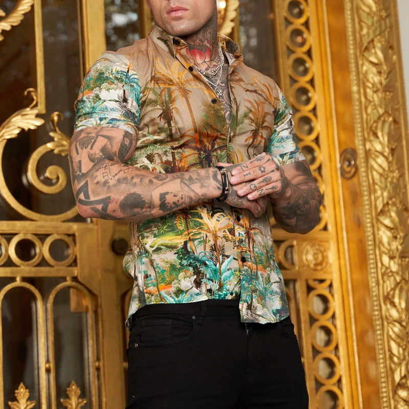 New Casual Men Slim Fit Print Party Club Shirt Fashio Brand Printed Shirt Spring and Autumn Men Fashion Trend Shor Sleeve Shirt