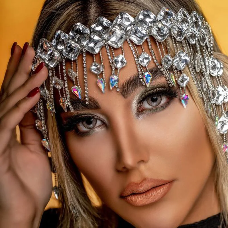 

KMVEXO 2022 Multi Layered Crystal AB Color Headpiece Wedding Head Chain Jewelry for Women Luxury Rhinestone Headband Party Gift