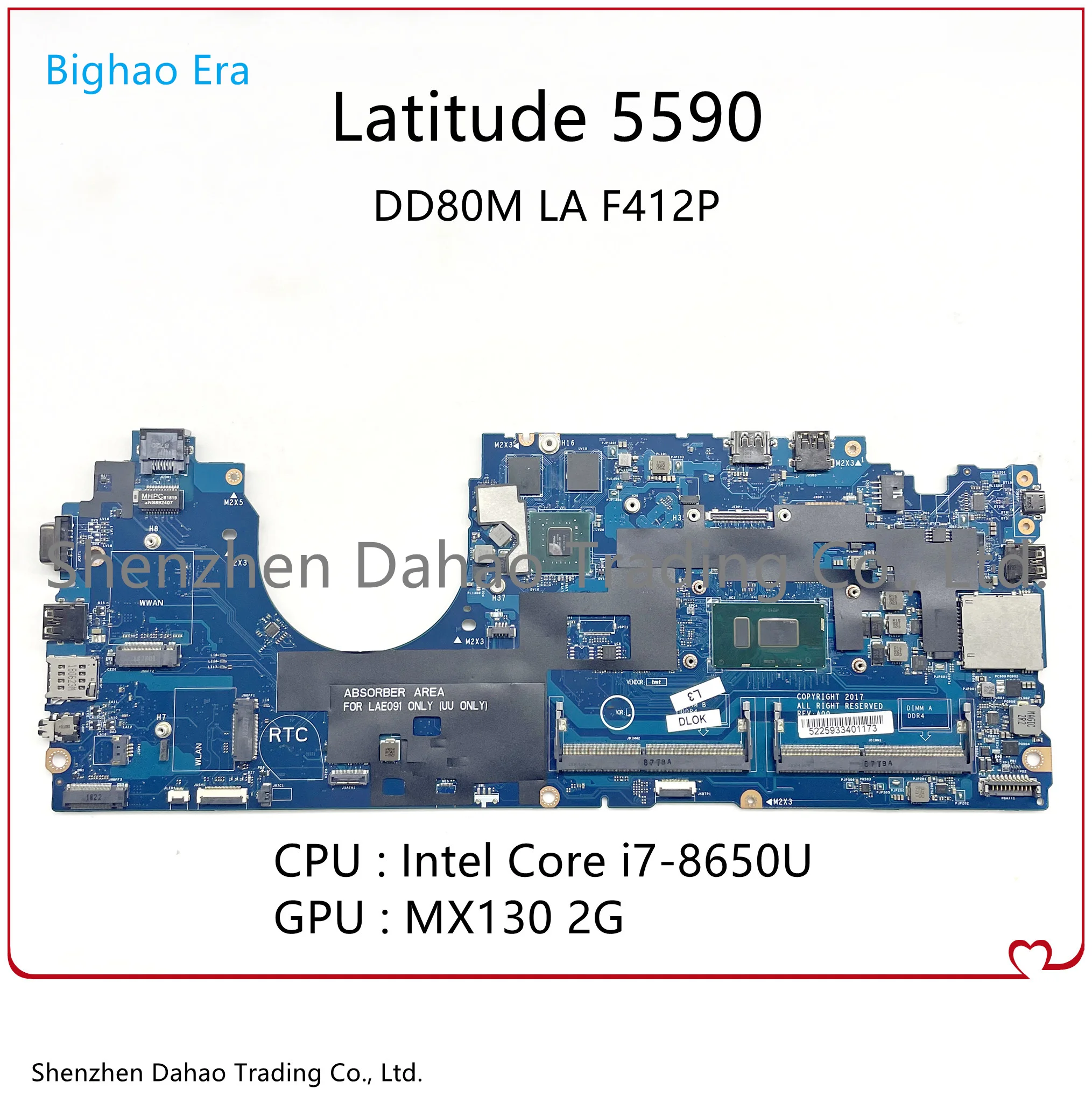 

VN-0630XH 0630XH For dell Latitude 5590 Laptop Motherboard DD80M LA F412P W/ Intel Core i7-8650U GeForce MX130 2G GPU