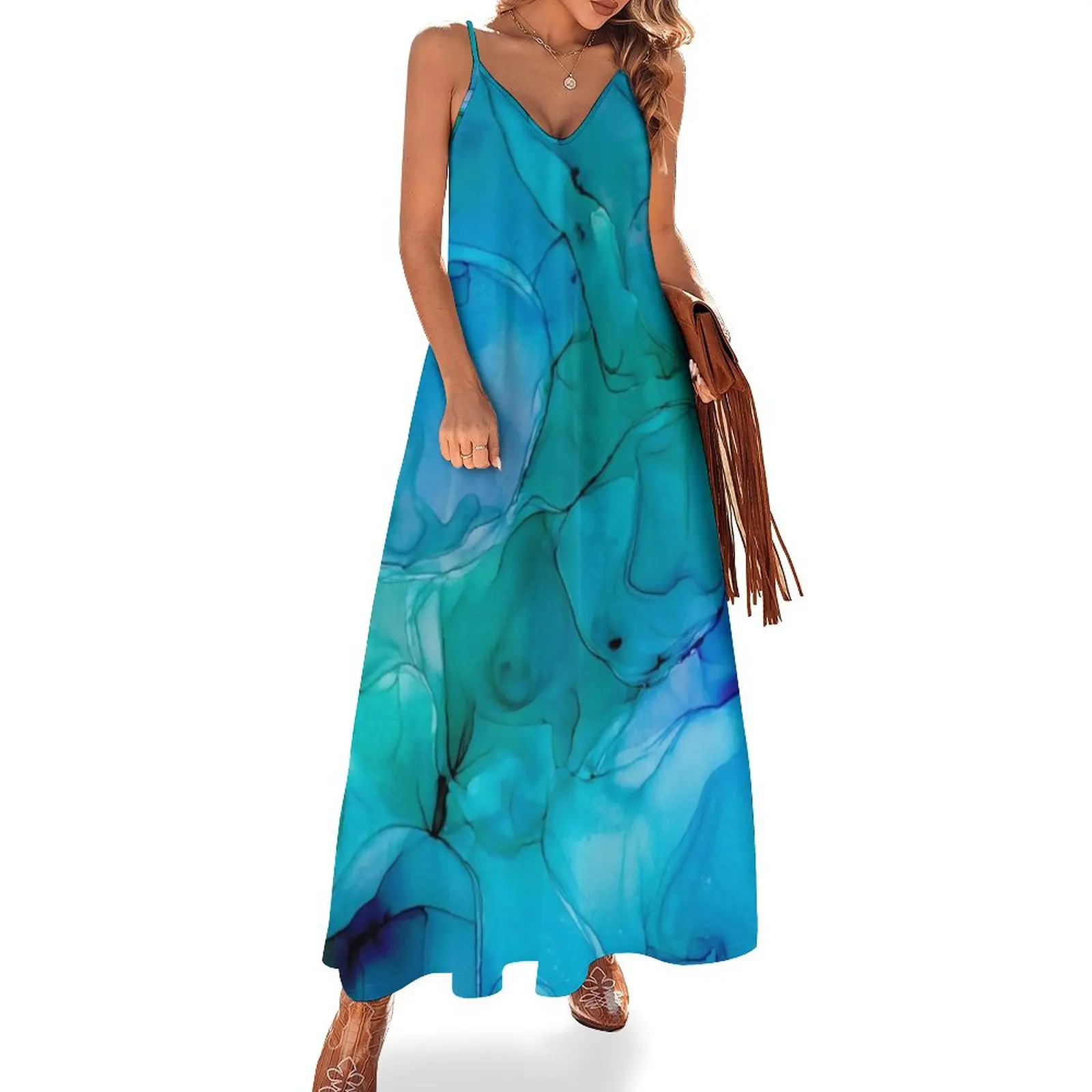 

Green Liquid Print Dress Abstract Alcohol Ink Elegant Maxi Dress Street Style Casual Long Dresses Lady Strap Graphic 3XL 4XL 5XL