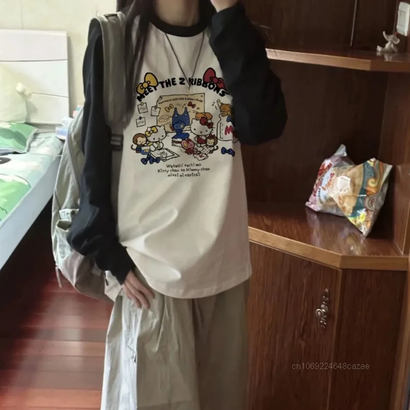 Футболки Hello Kitty из чистого хлопка с забавным принтом и круглым вырезом корейская