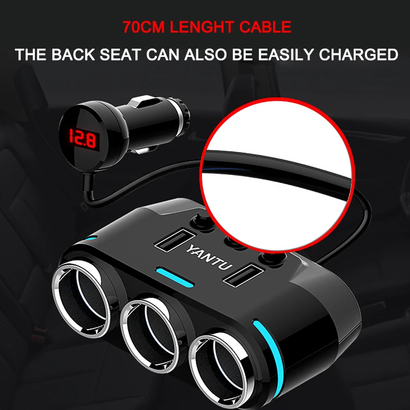 

ACCNIC 2 USB Port 3 Way Car Cigarette Lighter Socket Splitter Charger DC 12~24V Cigarette Lighter Socket Black Car Socket