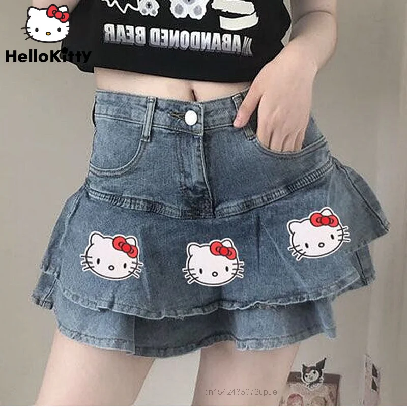 Sanrio Clothes Hello Kitty New Denim Short Skirt Y2k Sexy Fashion Cake Skirts Women Summer Trend Girl A-line Cute Pleated Skirts