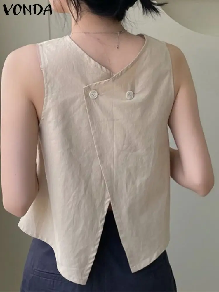 

Women Shirts 2023 Summer Sleeveless Both Side Wear Tops VONDA Casual Loose Cotton Linen Crop Tops Fashion Blouse Sexy Blusas