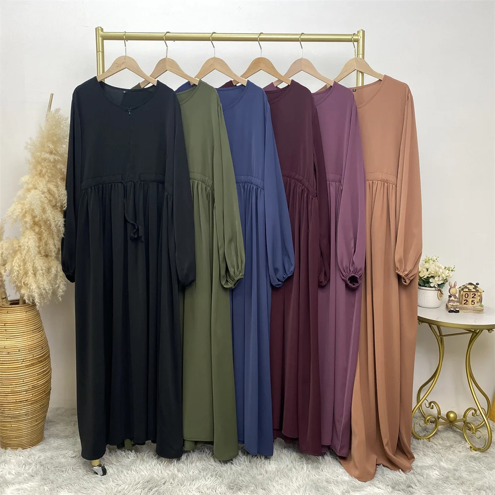 Muslim minimalist design with solid elastic sleeves and front zipper for elegant and versatile swing dress 6692