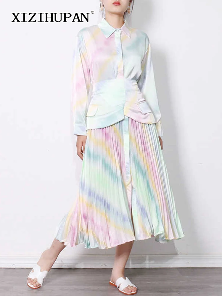 

XIZIHUPAN Casual Tie Dye Colorblock Dress For Women Lapel Collar Long Sleeve High Waist Fold Pleated Dresses Female 2022 Fashion