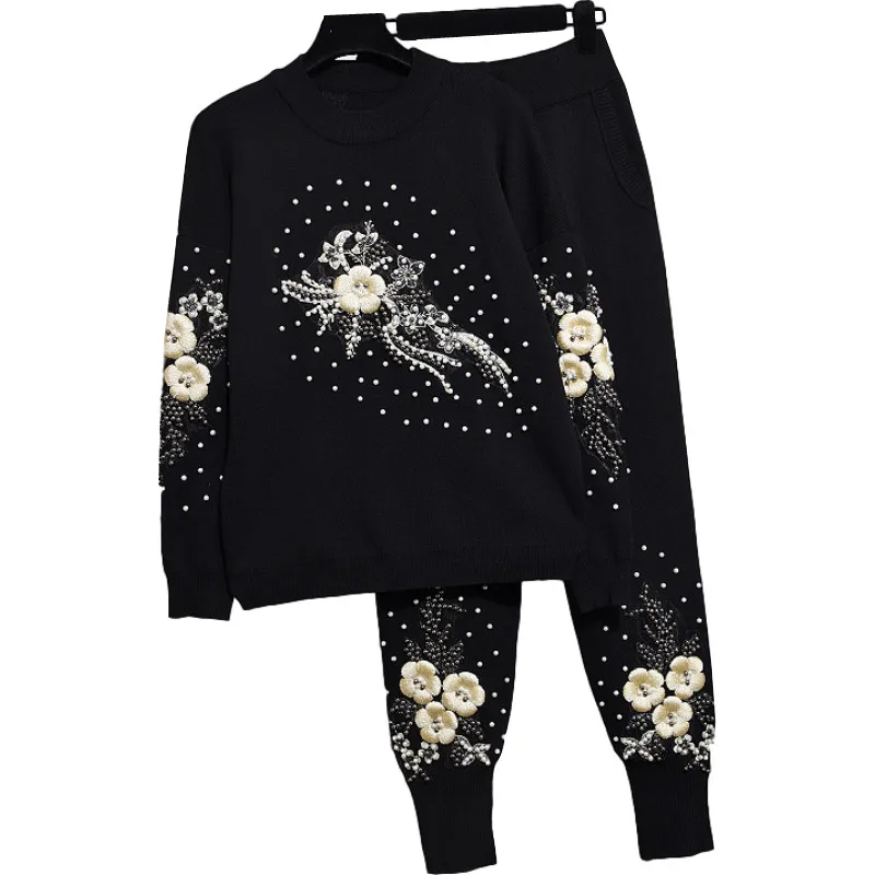 

2023 Autumn Tracksuit Women Fashion Beading Flower Loose Knitted Sweater Pullover + Casual Pants Two Piece Set Female Tops H703