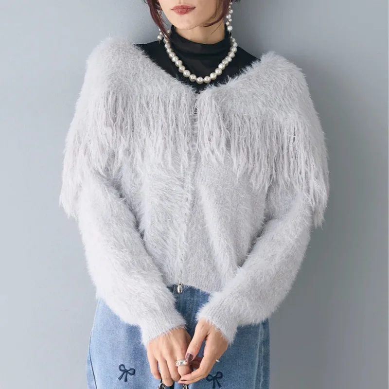 KUSAHIKI шикарная вязаная куртка с отложным воротником и кисточками повседневный