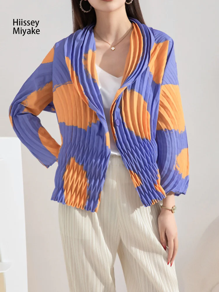 

Модная дизайнерская женская плиссированная весенняя куртка HiIssey Miyake с принтом, с одной пряжкой, с воротником с лацканами