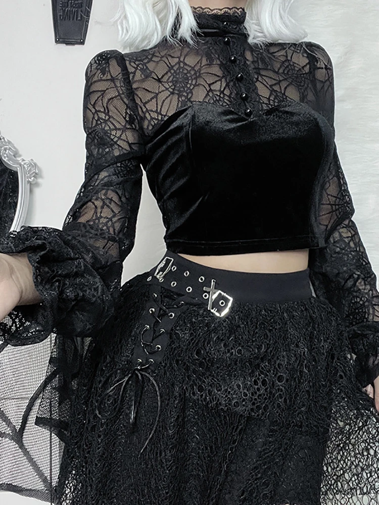 Goth Dark элегантные винтажные женские блузки в готическом стиле гранж бархатные с