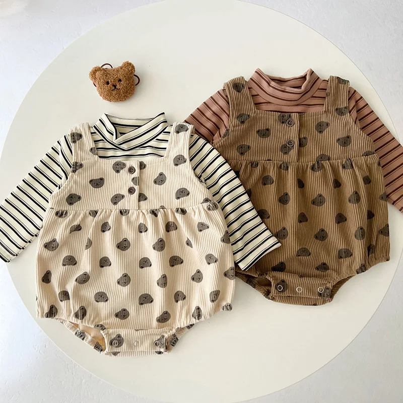 

MILANCEL Baby Bodysuits Bear Print Boys One Piece Corduroy Clothes Matched Blouse