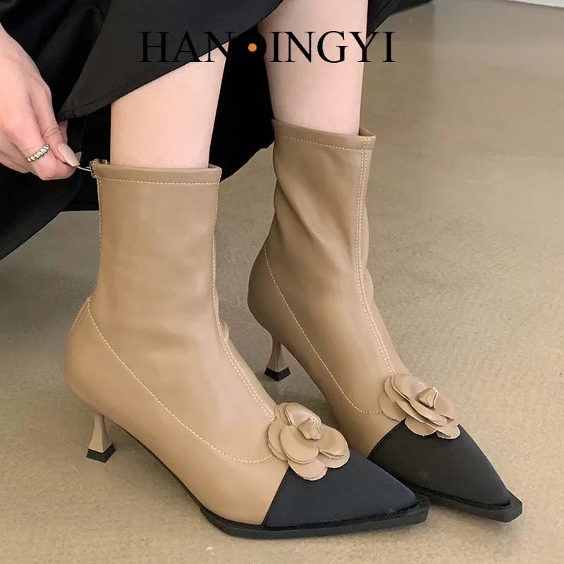 

Short Women Boots Shoes For Pumps Stretch Fabric Pointed Toe Casual Shoes Heels 2023 Autumn Fashion Flower Zipper Ankle Booties