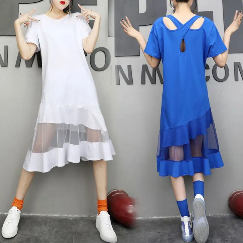 

Stylish Asymmetrical Gauze Patchwork Midi Dress Female Clothing Casual Solid Color O-Neck Summer Commute Korean Backless Dresses