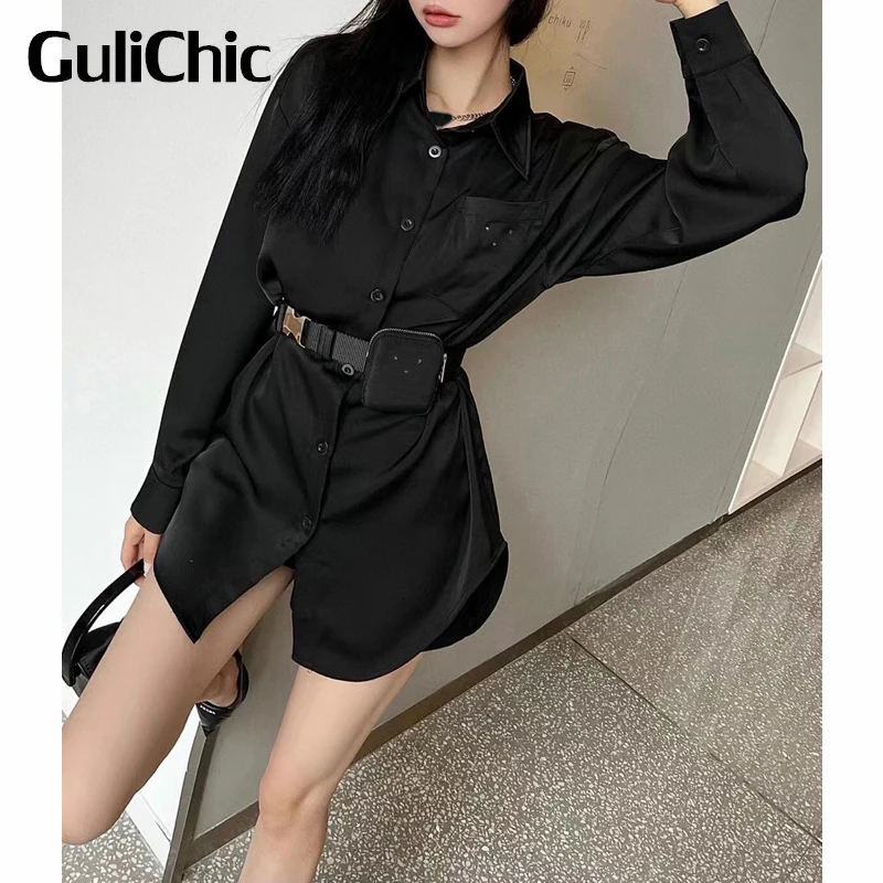 

3.3 GuliChic Women Black / White Temperament Single Breasted Long Sleeve Turn Down Collar Comfortable Midi Shirt