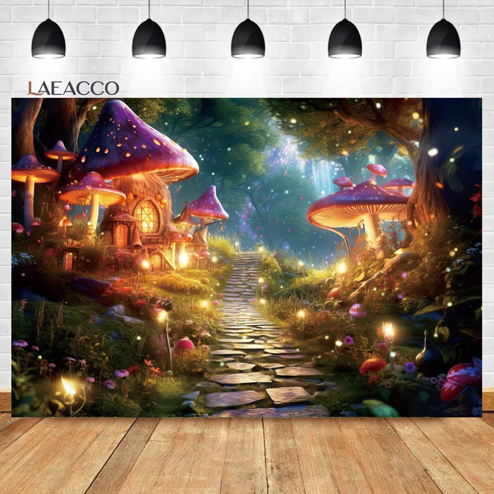 

Laeacco Fairytale Jungle Forest Backdrop Spring Flowers Mushroom House Kids Birthday Baby Shower Portrait Photography Background