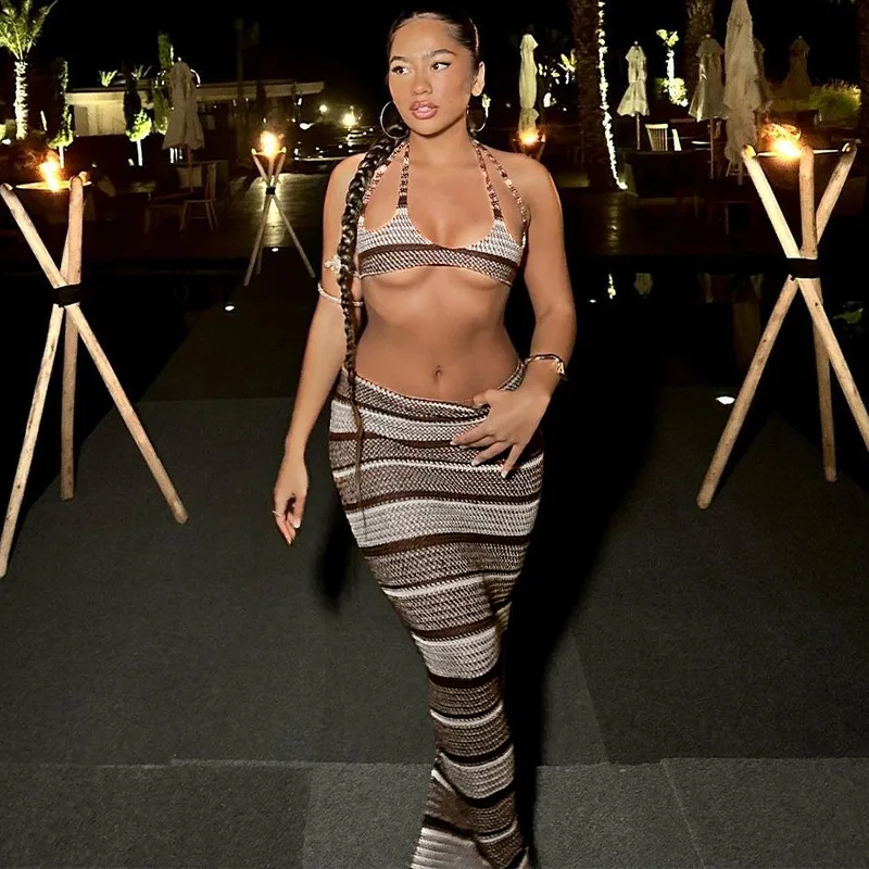 

Women's Clothing 2023 Summer New Products Sexy Backless Lace Up Bandeau Slim-Fit Skirt Suit Knitting Camisole