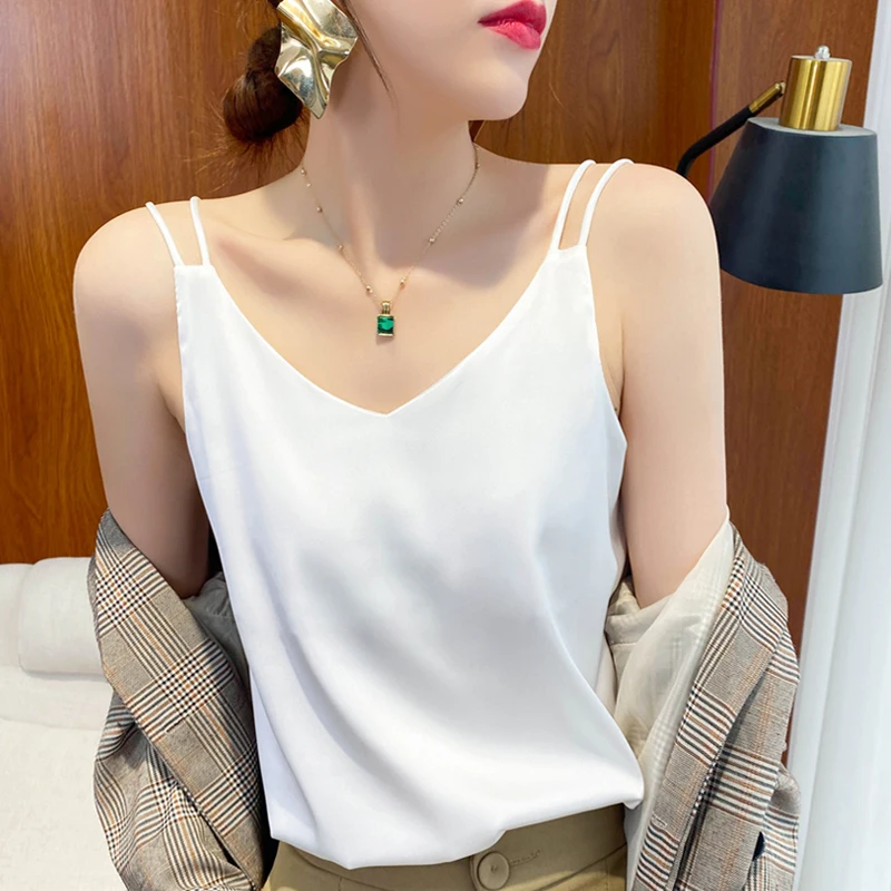 

Spring And Summer Silk Camisole Women's Sleeveless Bottoming With V-Neck Double Straps Sexy Loose And Beautiful Back Top