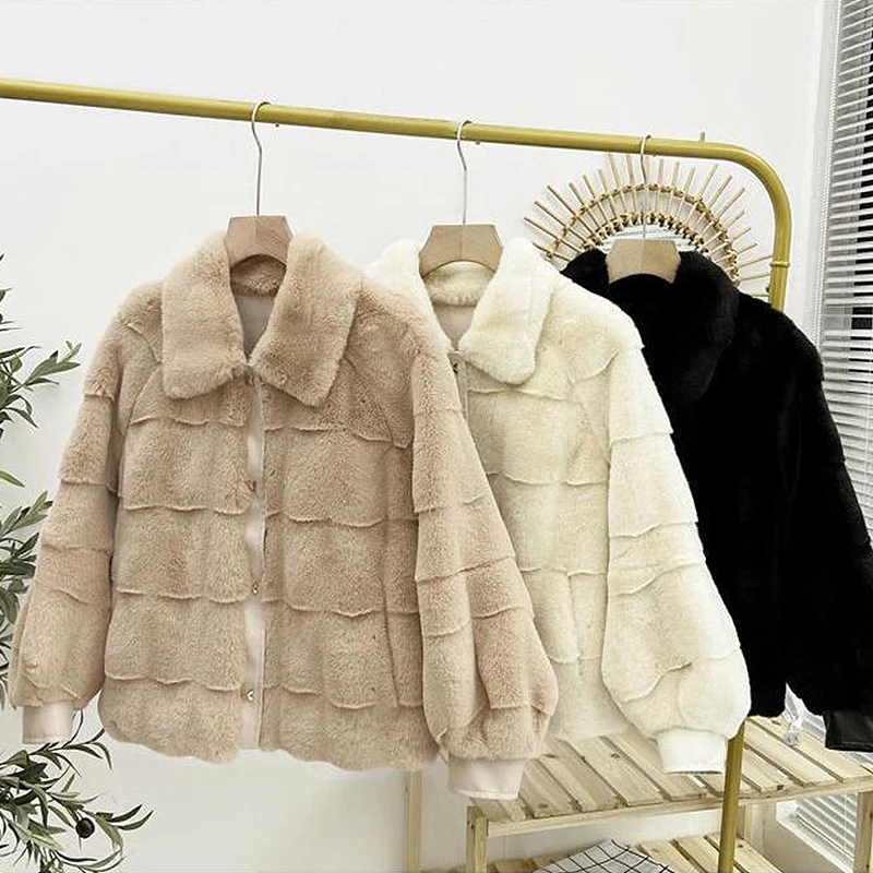 Mink Fur Coat Warm Plush Jackets Women Winter Outerwear 2022 Faux Fur Coat Female Artificial Rex Rabbit Fur Jacket Fluffy Coats